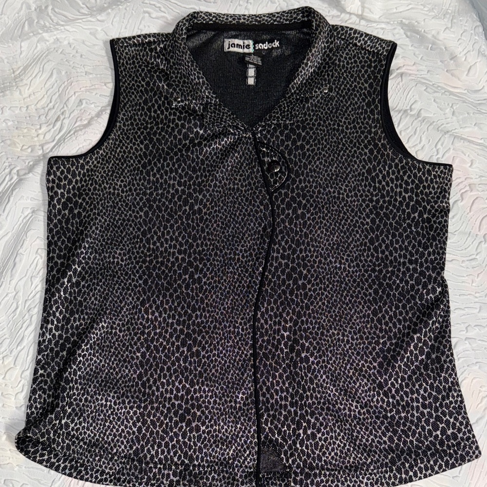 Jamie Sadock Black and Silver Leopard Print Sleeveless Golf Top EUC L